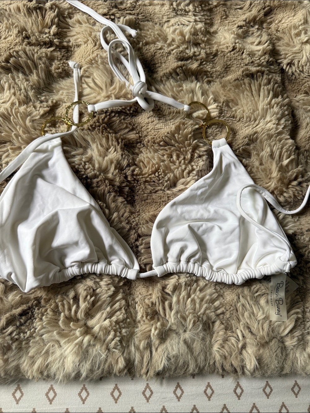 Beach Bunny White Triangle Bikini Top with Gold Ring Accents